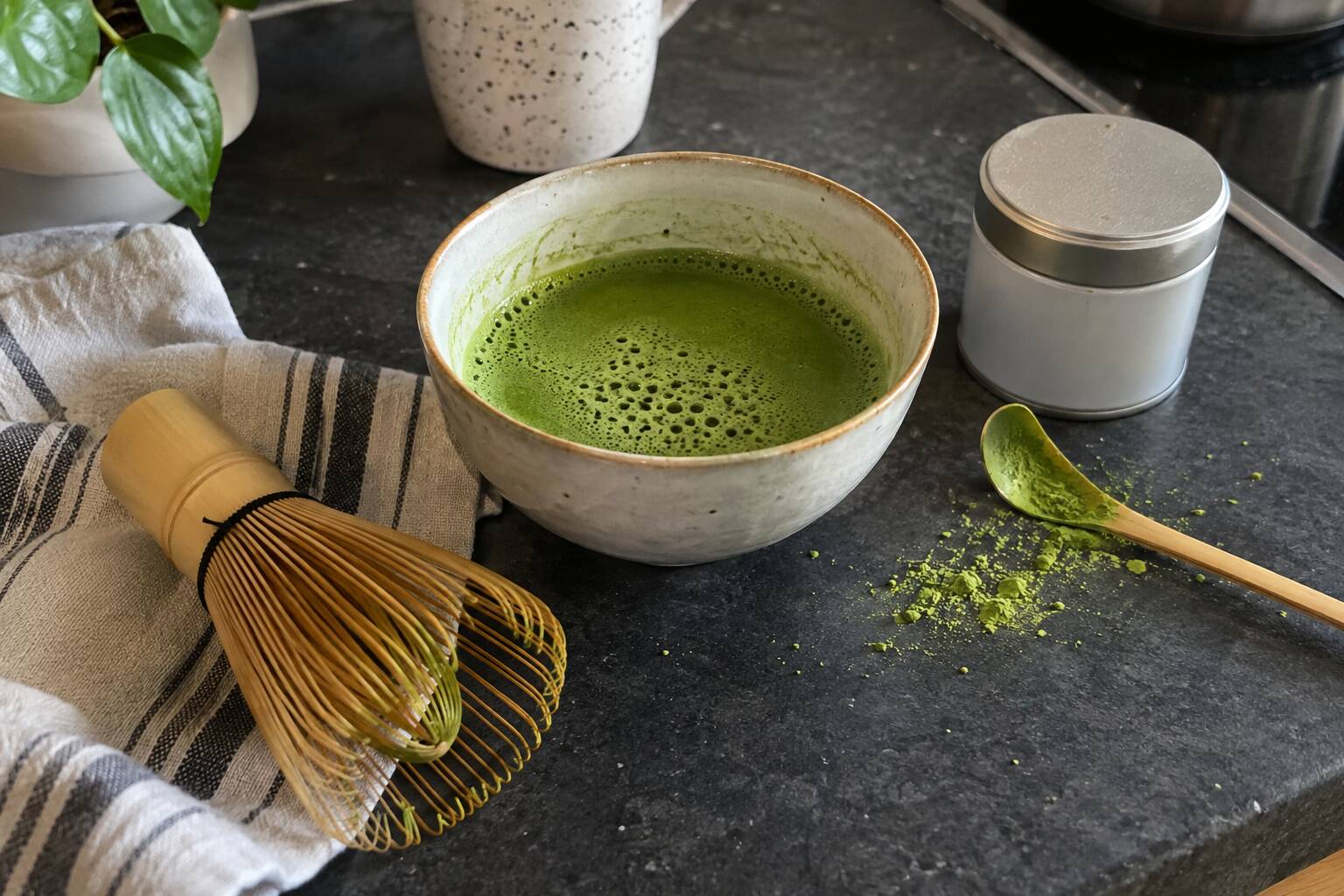 un bol contenant du thé matcha