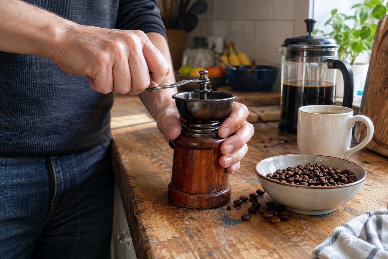 Un homme qui manipule un moulin a café
